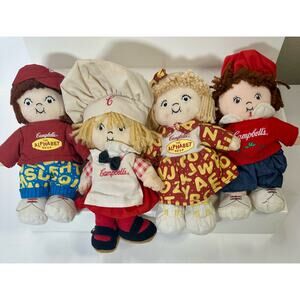 Vintage Campbell Kids Plush Doll Set of 4; Chef Alphabet Soup  Beanbag 2001